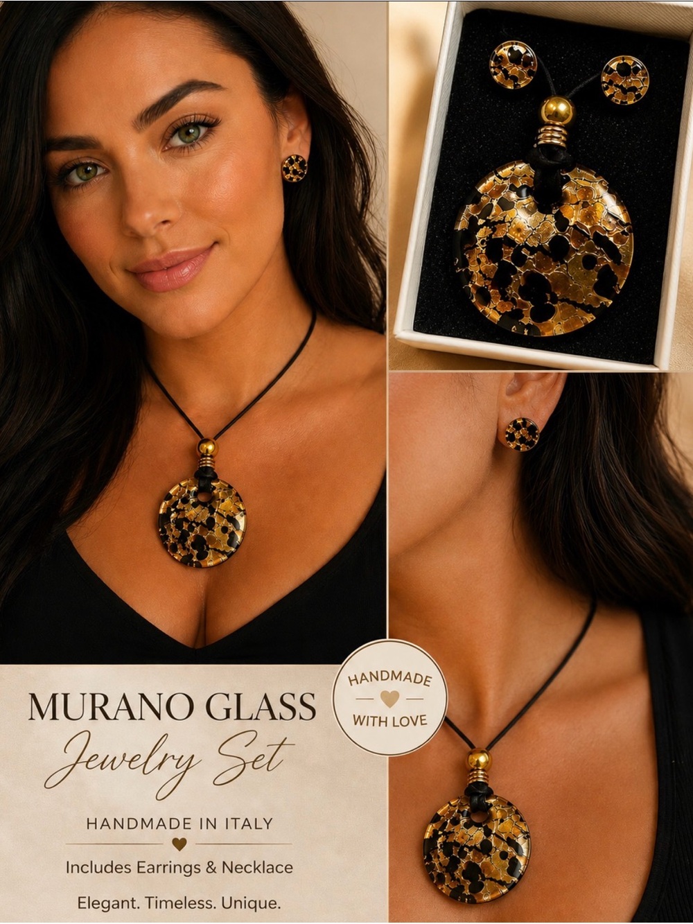 Authentic Murano Glass Pendant Necklace Earrings Ring Set - Handmade in Italy